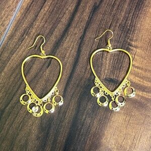 Large Gold Tone Open Heart Dangle Earrings